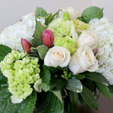 Flowers used: cream roses, white and green hydrangeas, pink tulips, chartreuse lisianthus