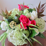 Flowers used: pink and white roses, white lisianthus, green poppy seedpods, white hypericum berries, green hydrangeas
