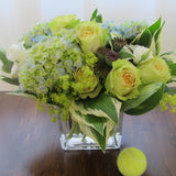 Flowers used: chartreuse roses, white lisianthus, blue blush hydrangeas, chartreuse lady’s mantles, poppy seed pods