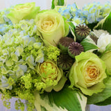 Flowers used: chartreuse roses, white lisianthus, blue blush hydrangeas, chartreuse lady’s mantles, poppy seed pods