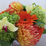 Flowers used: orange dahlias, orange gerberas, yellow cymbidium orchids, green hydrangeas