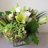 Flowers used: chartreuse lilies, green hydrangeas, white lisianthus