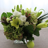 Flowers used: chartreuse lilies, green hydrangeas, white lisianthus