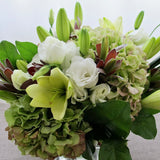 Flowers used: chartreuse lilies, green hydrangeas, white lisianthus