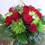 Flowers used: red roses, green chrysanthemums