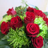 Flowers used: red roses, green chrysanthemums