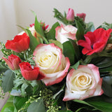 Flowers used: red blush roses, red hot anemones