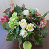Flowers used: white roses, pink alstroemerias, green hydrangeas, seeded eucalyptus
