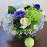 Flowers used: cream white roses, blue anemones, blue hydrangeas, green chrysanthemums