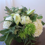Flowers used: cream roses, white amaryllis, white hydrangeas, green chrysanthemums and seeded eucalyptus
