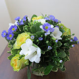 Flowers used: yellow/chartreuse roses, blue asters, white freesias