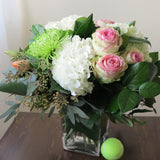 Flowers used: pink blush roses, green chrysanthemums, red tulips, white hydrangeas, seeded eucalyptus