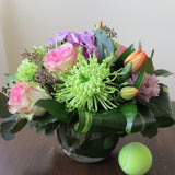 Flowers used: pink blush roses, green chrysanthemums, mauve hyacinths and orchids, red tulips, seeded eucalyptus