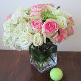 Flowers used: pink blush and white roses, green chrysanthemums, white hydrangeas