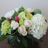 Flowers used: cream roses, white and green hydrangeas, pink tulips, chartreuse lisianthus
