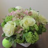 Flowers used: green roses, rusty green hydrangeas, green viburnums