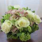 Flowers used: green roses, rusty green hydrangeas, green viburnums
