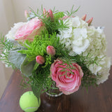 Flowers used: pink tulips and roses, green chrysanthemums, white hydrangeas