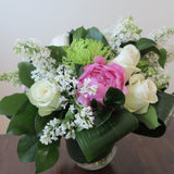 Flowers used: white lilacs, green chrysanthemums, white roses and pink peonies