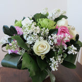 Flowers used: white lilacs, green chrysanthemums, white roses and pink peonies