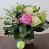 Flowers used: white lilacs, green chrysanthemums, white roses and pink peonies