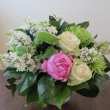 Flowers used: white lilacs, green chrysanthemums, white roses and pink peonies