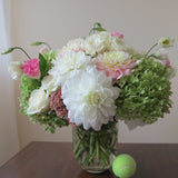 Flowers used: green hydrangeas, cream roses, white and blush pink dahlias, white and pink lisianthus, pink sedums