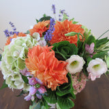 Flowers used: green hydrangeas, orange dahlias, white and pink lisianthus, pink turtleheads, green kales, pink sedums