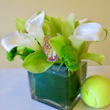 Flowers used: chartreuse cymbidium orchids, white calla lilies, green mini mums