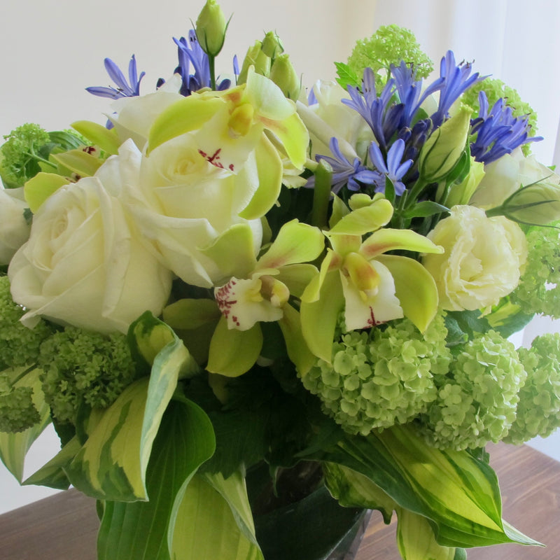 Flowers used: white roses, green viburnum, chartreuse cymbidium orchids, blue agapanthus