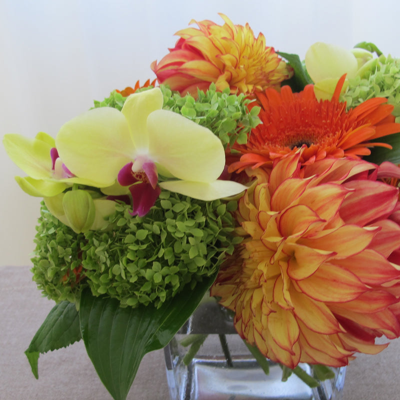 Flowers used: orange dahlias, orange gerberas, yellow cymbidium orchids, green hydrangeas