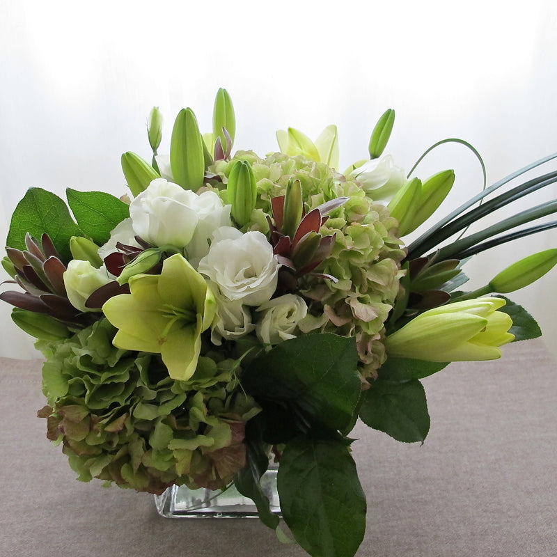 Flowers used: chartreuse lilies, green hydrangeas, white lisianthus