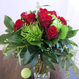 Flowers used: red roses, green chrysanthemums