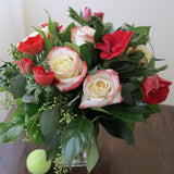 Flowers used: red blush roses, red hot anemones