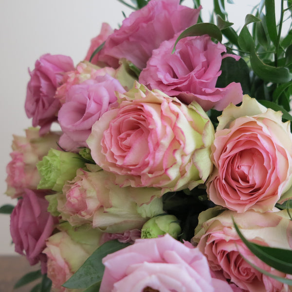 Flower used: blush pink roses, mauve and green lisianthus