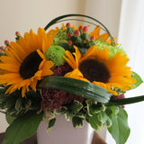Flowers used: yellow sunflowers, green mums, pink hypericum, pink sedums