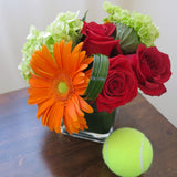 Flowers used: red roses, orange gerberas, green hydrangeas