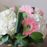 Flowers used: blush pink roses, pink gerberas and white hydrangeas