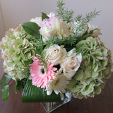 Flowers used: pink peonies, rusty green hydrangeas, cream roses, white and pink gerberas