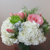 Flowers used: pink tulips and roses, green chrysanthemums, white hydrangeas