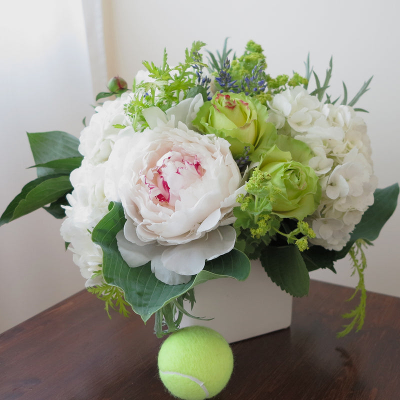 Flowers used: green roses, white hydrangeas, chartreuse lady's mantle, blush white peonies