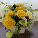 Flowers used: yellow roses, cream lisianthus, blue lavender, orange protea and rusty hydrangeas