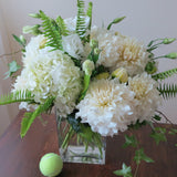 Flowers used: white hydrangeas, white dahlias, white lisianthus